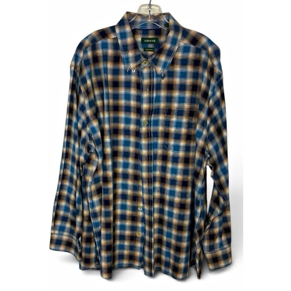 Orvis Men's 2XL Classic Fit Plaid Button Up Shirt Long Sleeve Blue Beige